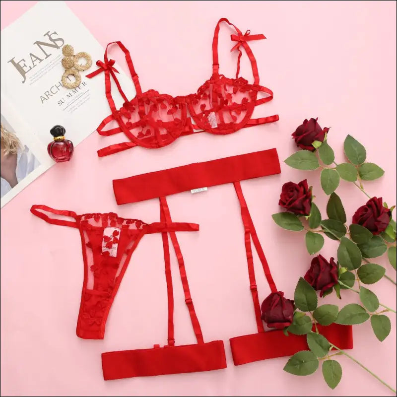 Elegante sexy lingerie set - kanten afwerking - Rood / S - lingerie set