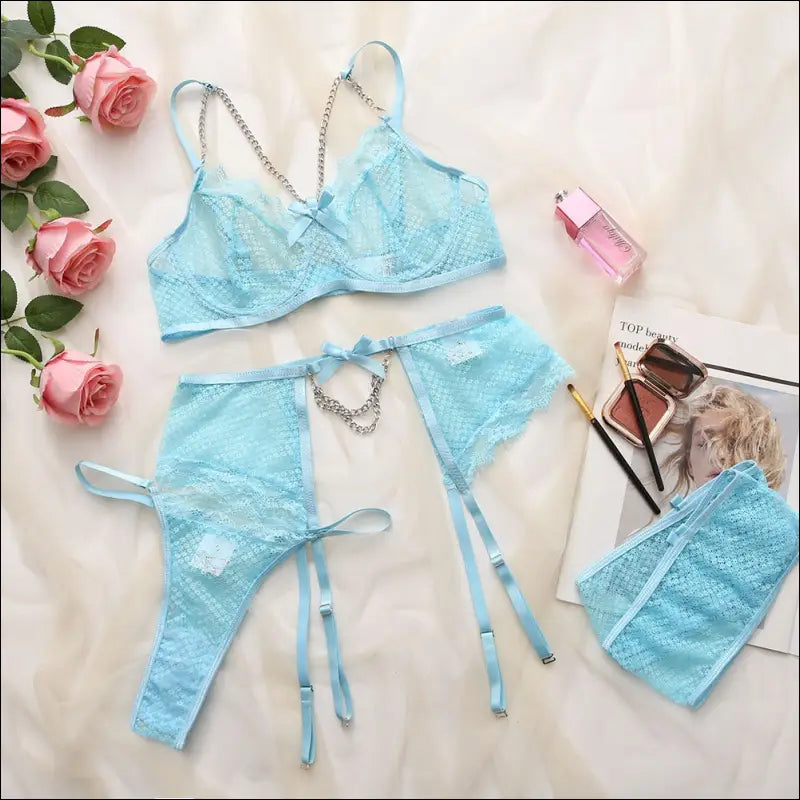 Eprolo Kanten BH Slip en Jarretels Set - Mooie Ketting Afwerking - Licht Blauw / S - lingerie set