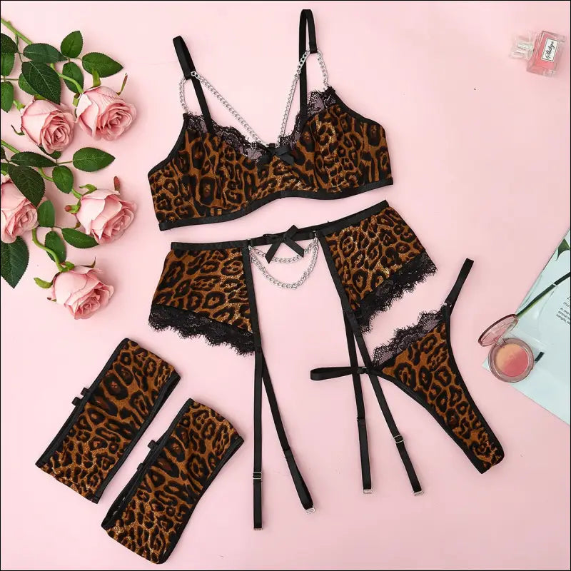 Eprolo Kanten BH Slip en Jarretels Set - Mooie Ketting Afwerking - Leopard print / S - lingerie set