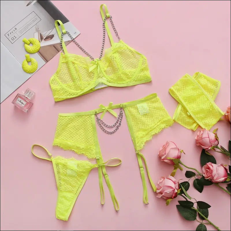 Eprolo Kanten BH Slip en Jarretels Set - Mooie Ketting Afwerking - Fluo Groen / S - lingerie set