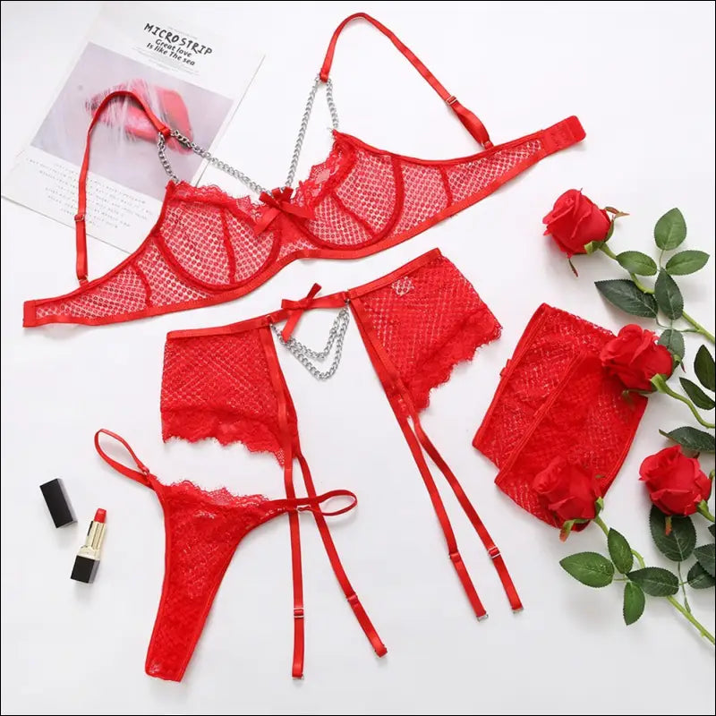 Eprolo Kanten BH Slip en Jarretels Set - Mooie Ketting Afwerking - Rood / S - lingerie set