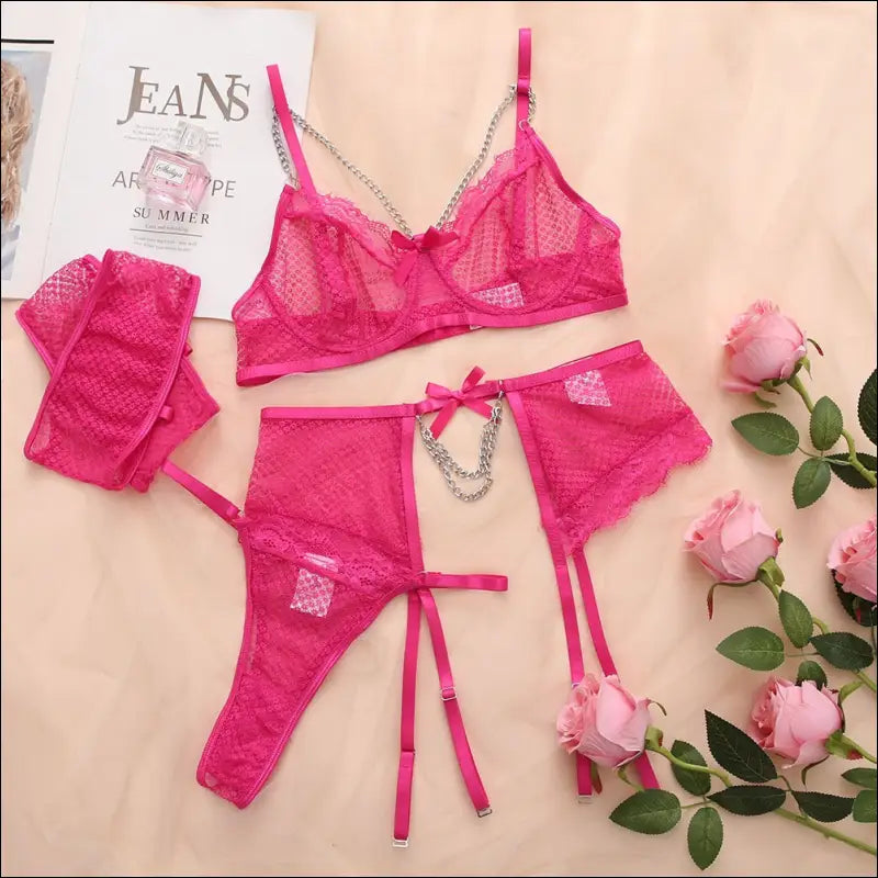 Eprolo Kanten BH Slip en Jarretels Set - Mooie Ketting Afwerking - Roze Rood / S - lingerie set