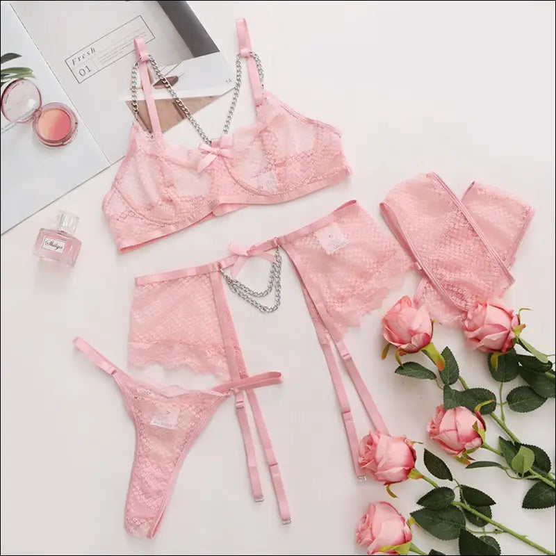 Eprolo Kanten BH Slip en Jarretels Set - Mooie Ketting Afwerking - Roze / S - lingerie set