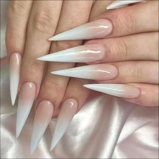 Eprolo Milky White Powder Gradient Long Drop-shaped Manicure Fake Nail Patch - CY372-B7（Jelly glue type）