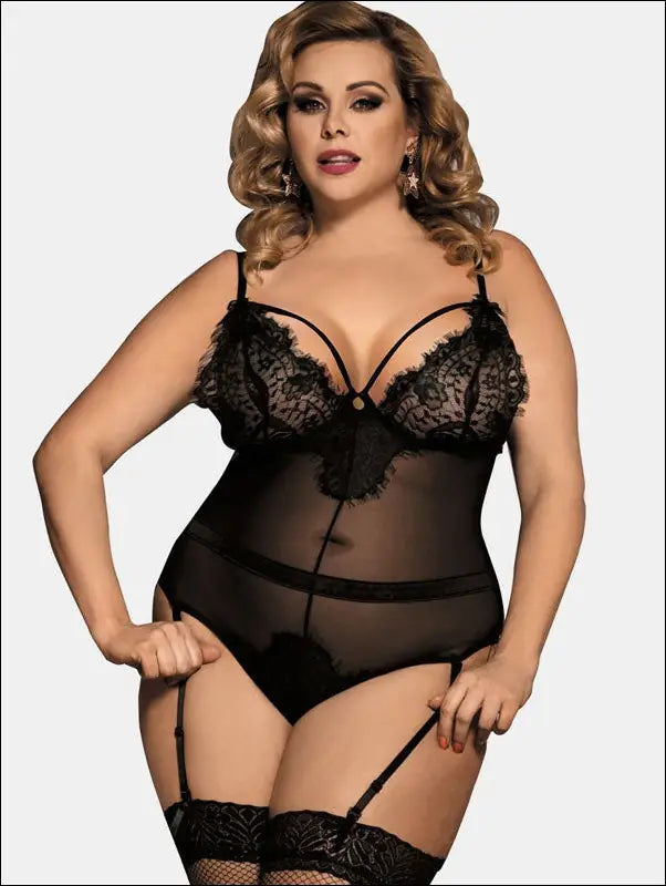 Eprolo Plus Size Lace Mesh Lingerie Teddy - Solid Pattern