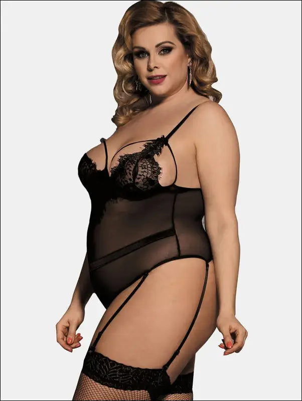 Eprolo Plus Size Lace Mesh Lingerie Teddy - Solid Pattern