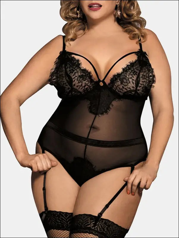 Eprolo Plus Size Lace Mesh Lingerie Teddy - Solid Pattern - BLACK / M