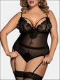 Eprolo Plus Size Lace Mesh Lingerie Teddy - Solid Pattern - BLACK / XL