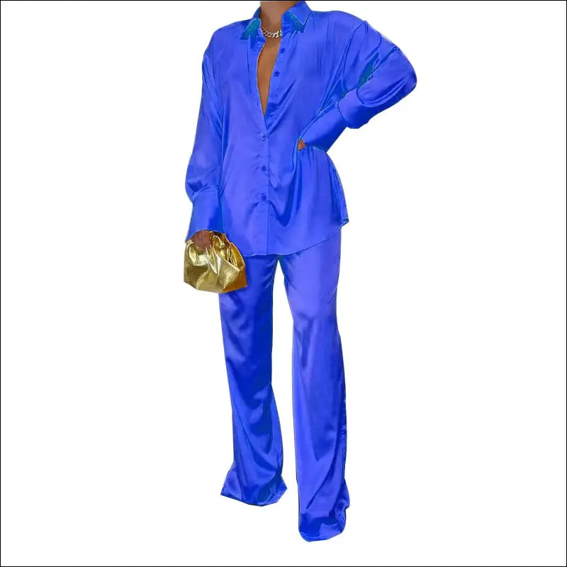 Eprolo Satin Dames Matching Set - Elegant Lang Shirt - Blue / S