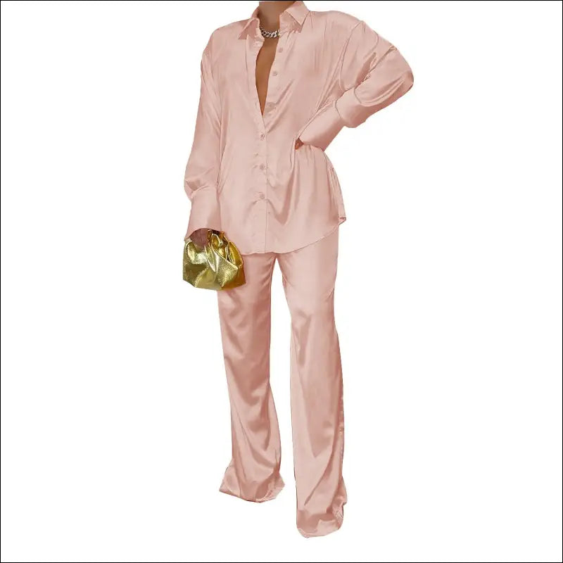 Eprolo Satin Dames Matching Set - Elegant Lang Shirt - champagne / S