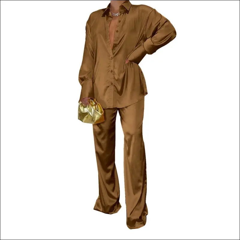 Eprolo Satin Dames Matching Set - Elegant Lang Shirt - coffee / S