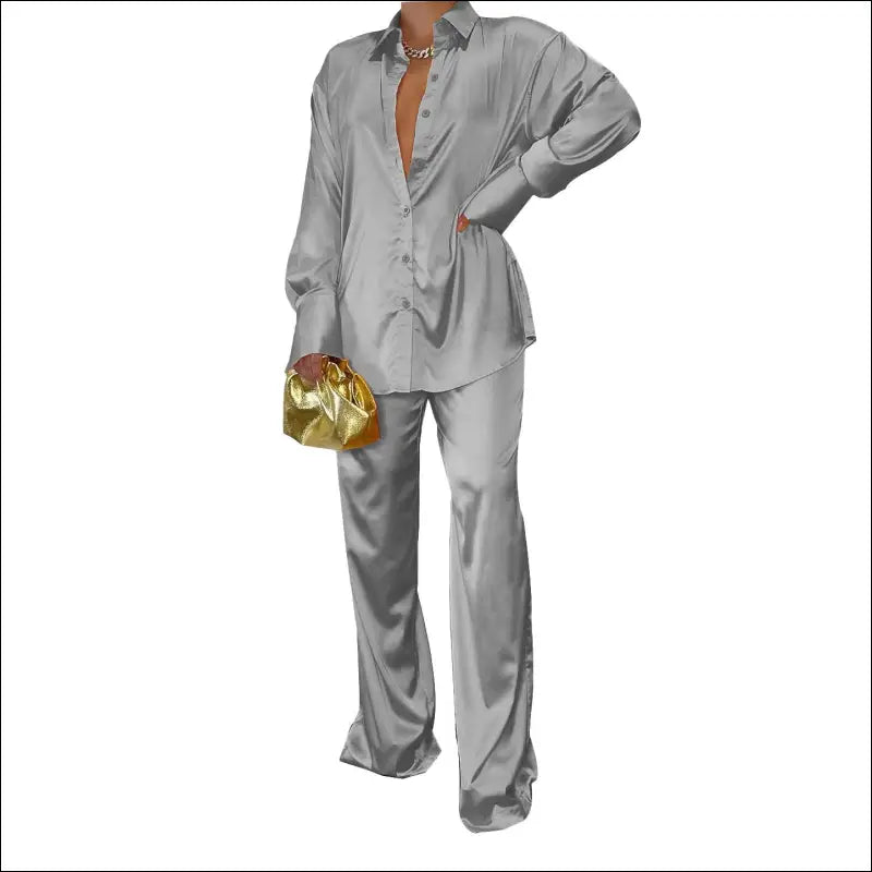 Eprolo Satin Dames Matching Set - Elegant Lang Shirt - Grey / S