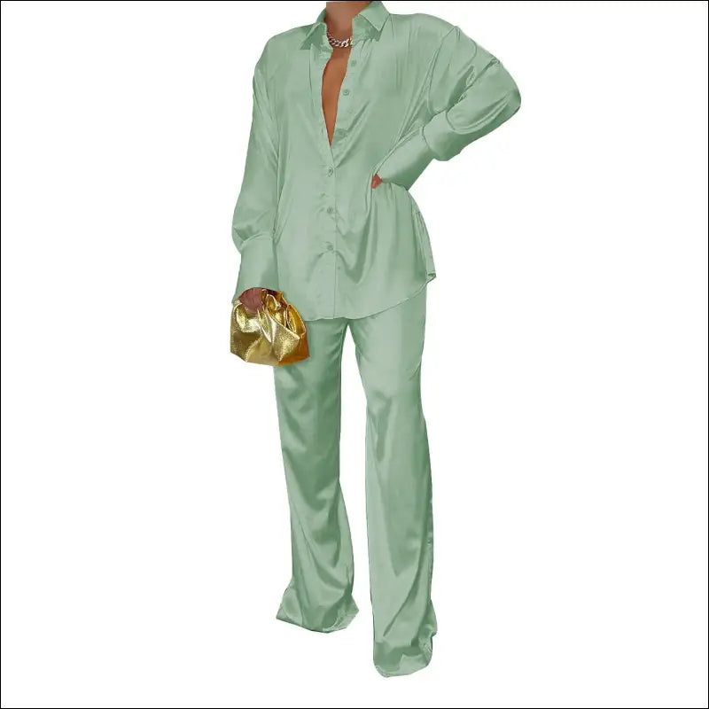 Eprolo Satin Dames Matching Set - Elegant Lang Shirt - pea green / S