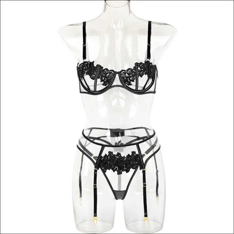 Eprolo Sexy Hollow Lingerie Set - 3-delige Set - S / Black