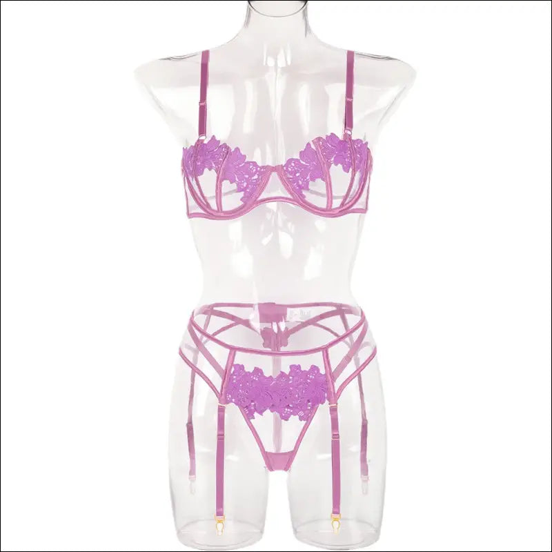 Eprolo Sexy Hollow Lingerie Set - 3-delige Set - S / Purple