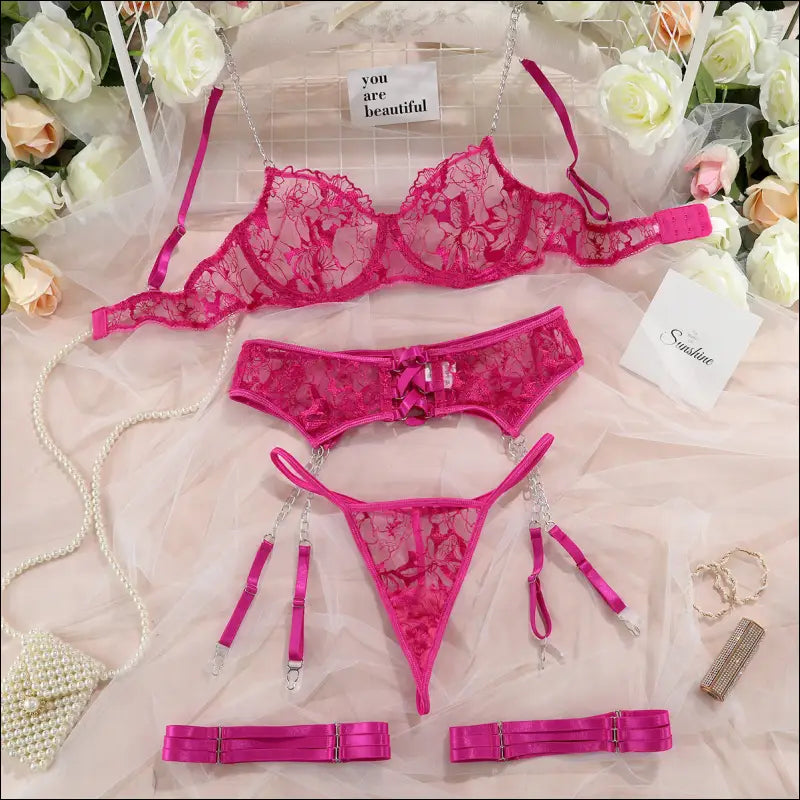 Eprolo Sexy Kanten Lingerie Set - Role Play Polyester - Rose Red / S