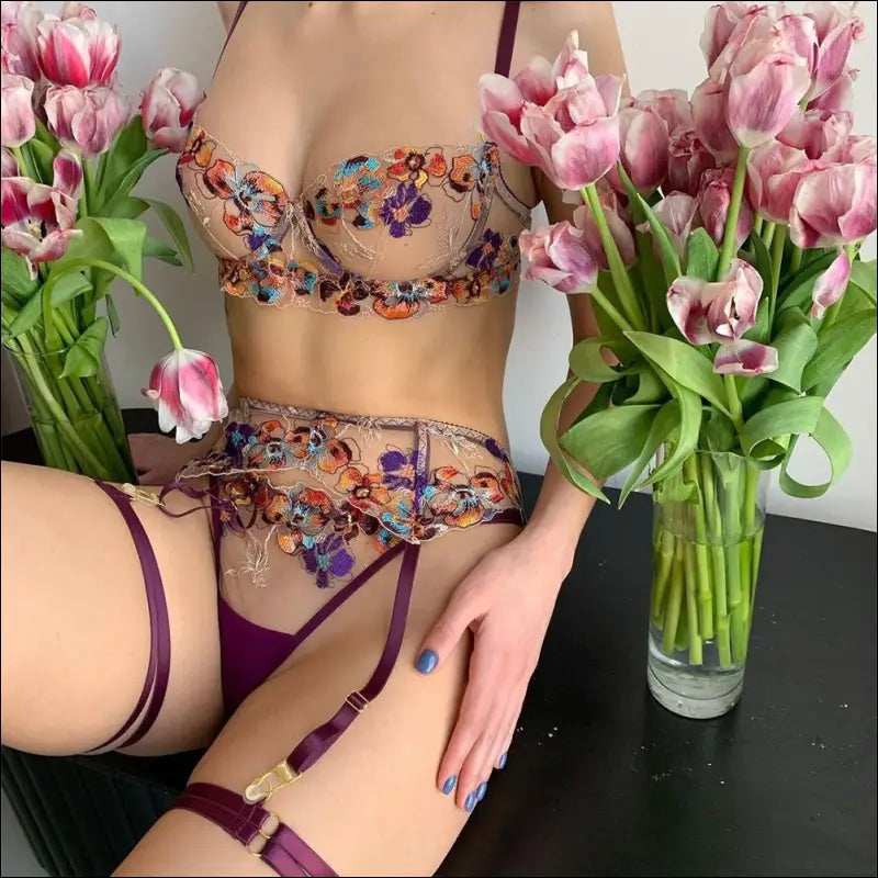 Eprolo Sexy Lingerie Set - Bloemen Kant BH Slip en Jarretels