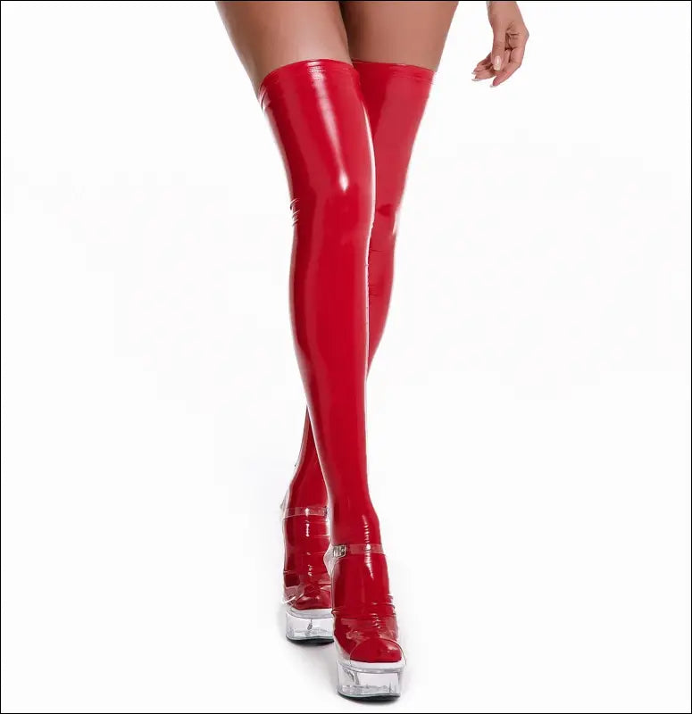 Eprolo Sexy Patent Leather Jumpsuit - High Elasticity Glossy Finish - Red socks / M(S-M)