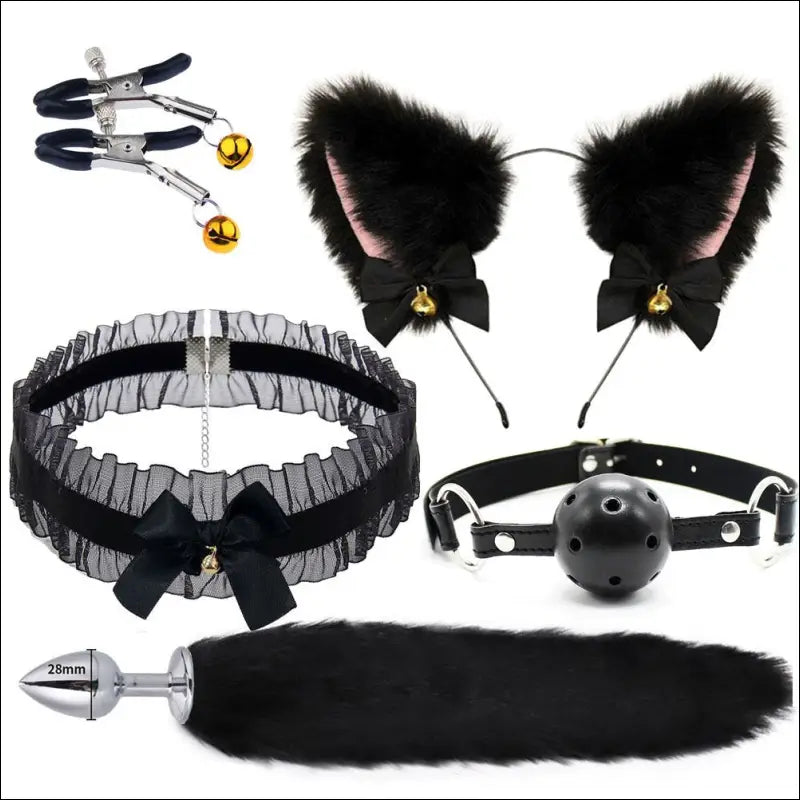 Erotische Set Butt Plug Fake Bont - Man / Vrouw - Black + Snout ball - BDSM set