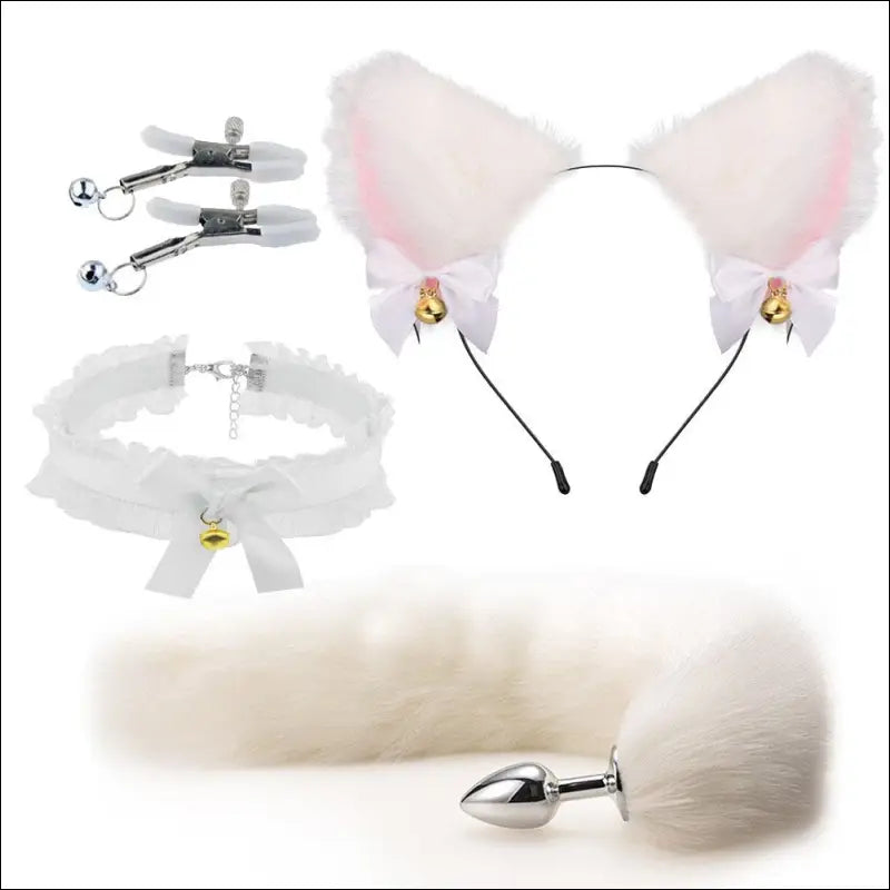 Erotische Set Butt Plug Fake Bont - Man / Vrouw - Lace White 4pcs Set(With Clip) - BDSM set