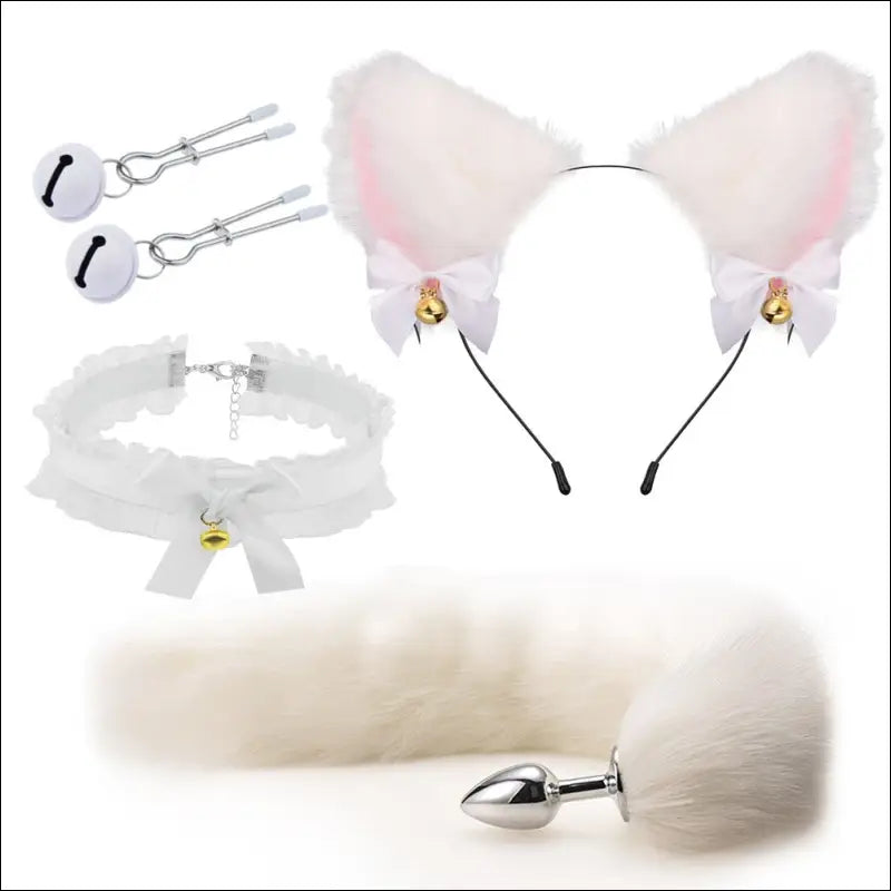 Erotische Set Butt Plug Fake Bont - Man / Vrouw - Lace White 4pcs Set(U Clip) - BDSM set