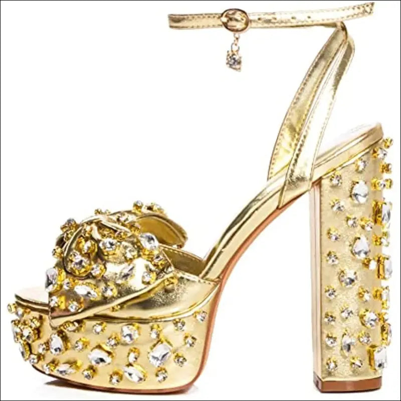 Goud Rhinestone Stripper Platform Blokhak - Eprolo