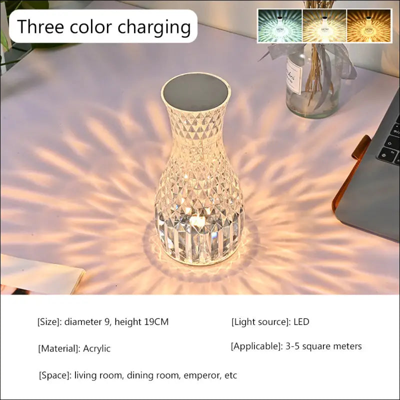 LED Crystal Vase Lamp - Romantic Bedside Light USB Charging - Charging 3 colors