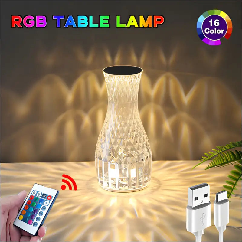 LED Crystal Vase Lamp - Romantic Bedside Light USB Charging