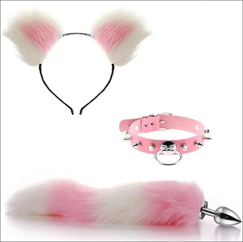 Pluche Beginnerset SM 4 PCS - Buttplug Tepelklemmen Halsband - Pink White