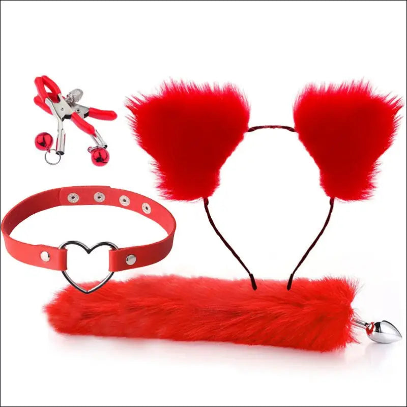 Pluche Beginnerset SM 4 PCS - Buttplug Tepelklemmen Halsband - Red