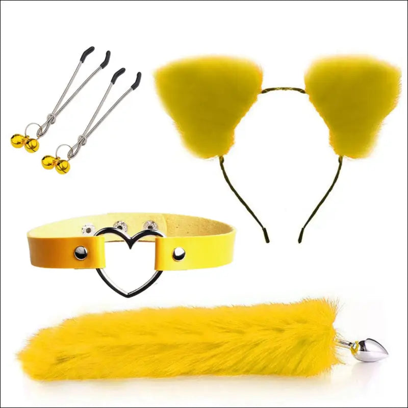 Pluche Beginnerset SM 4 PCS - Buttplug Tepelklemmen Halsband - Yellow