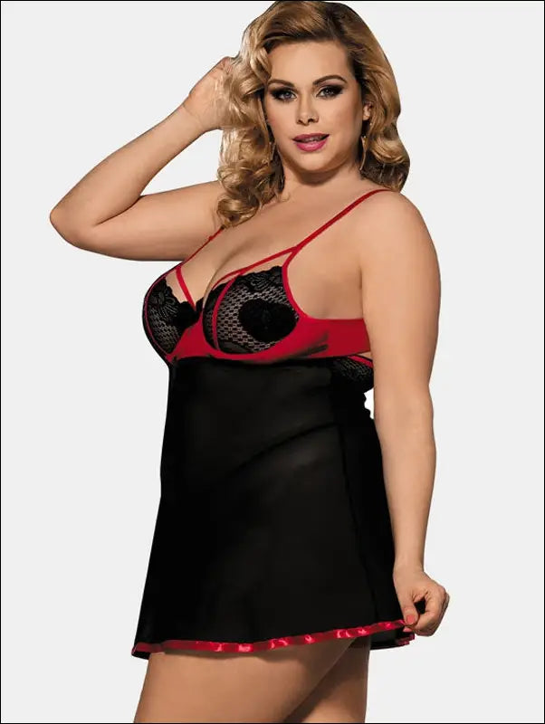 Plus Size Babydoll Lingerie - Mesh Kant Versiering - eprolo