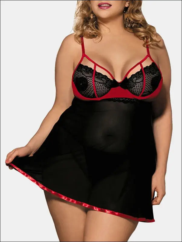 Plus Size Babydoll Lingerie - Mesh Kant Versiering - eprolo - BLACK / L