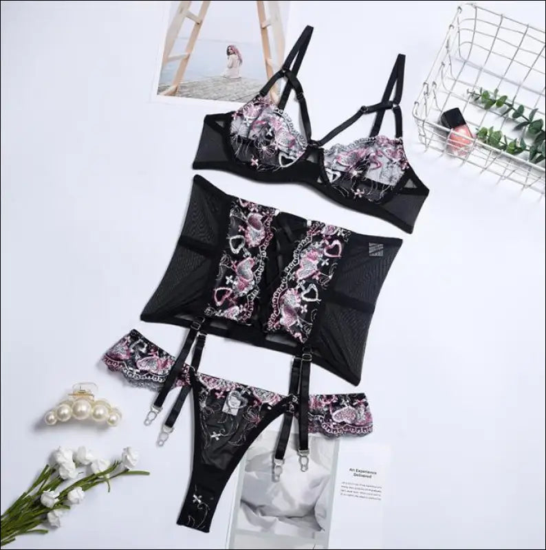 Set van 3 Corset BH en Slip met Kant - Verleidelijke Afwerking - Black / S