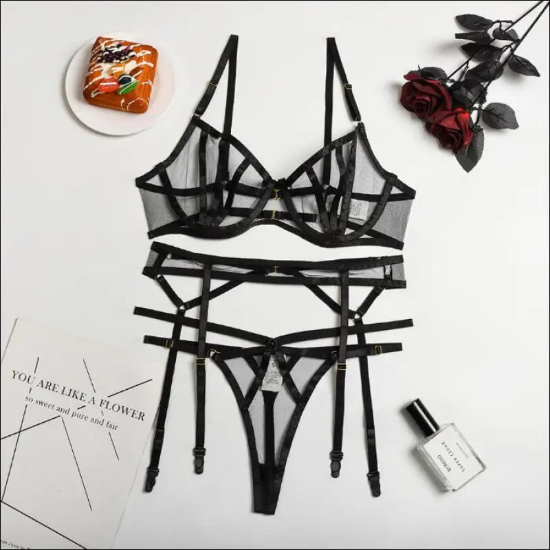 Sexy Mesh Belt Underwear Set - Hollow Stitching Three Piece