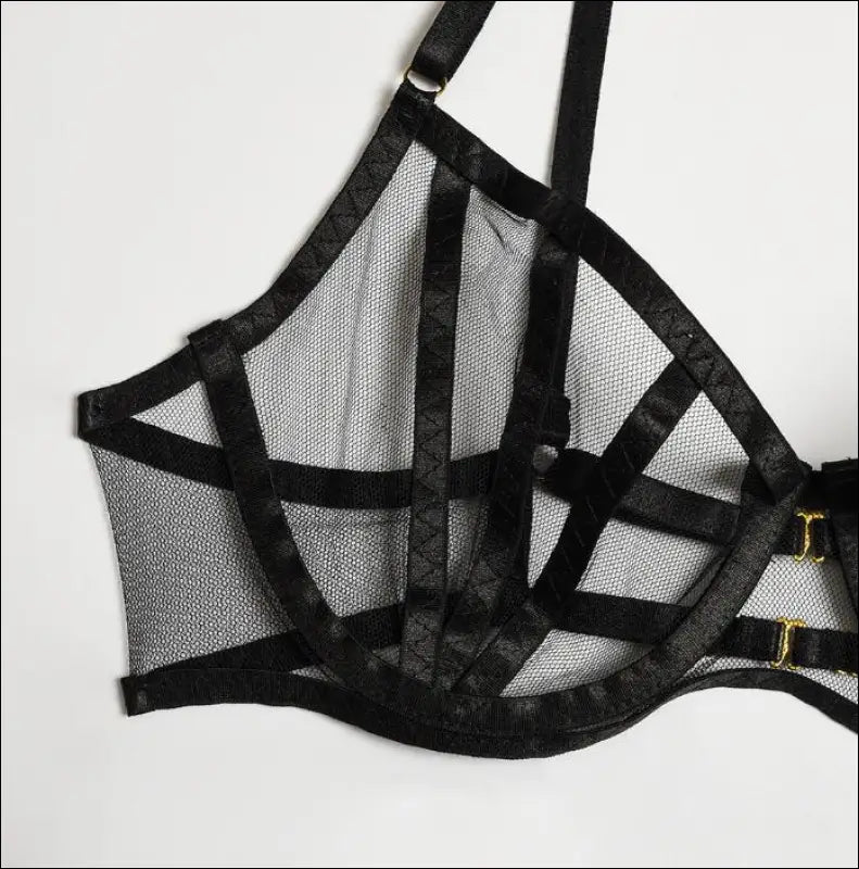 Sexy Mesh Belt Underwear Set - Hollow Stitching Three Piece