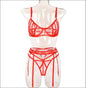 Sexy Mesh Belt Underwear Set - Hollow Stitching Three Piece - Red / S