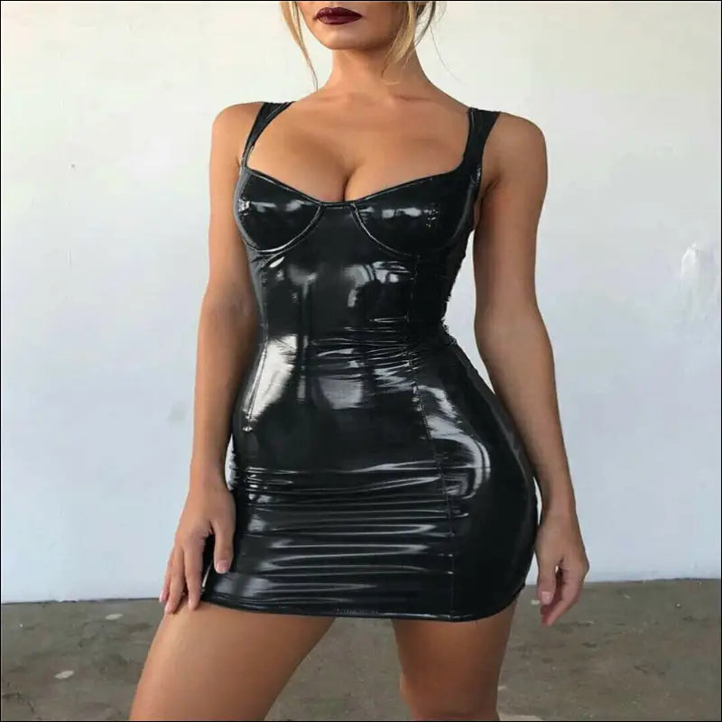 Zwarte Sexy Latex Leren Strakke Jurk Zonder Mouwen - Jurk